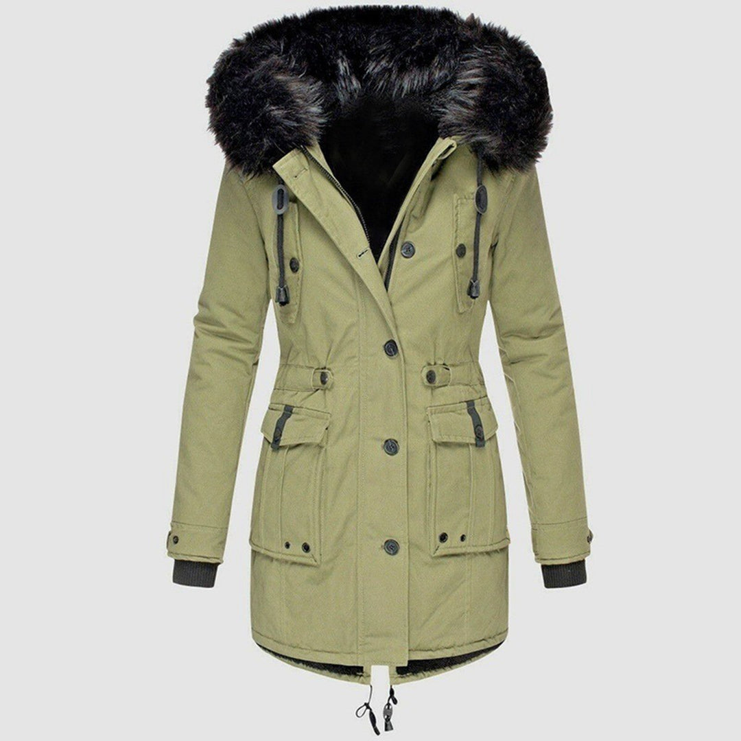 Women's parka with hood, buttons, and pockets