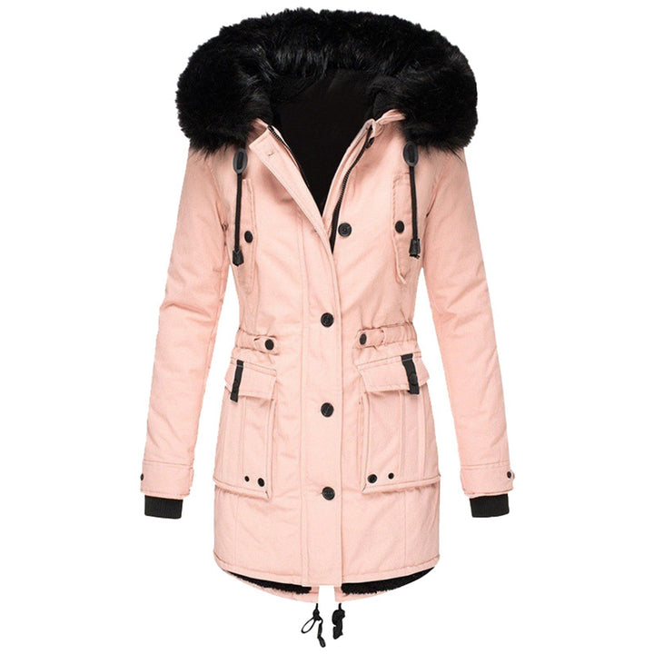 Women's parka with hood, buttons, and pockets