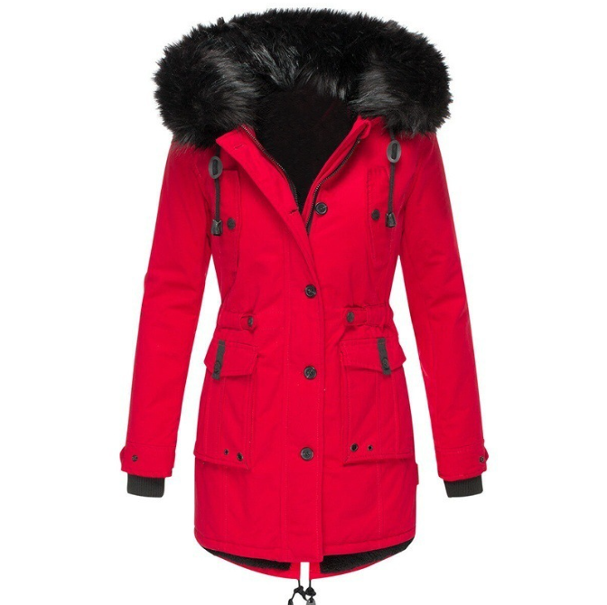 Women's parka with hood, buttons, and pockets
