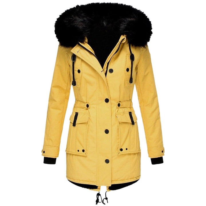 Women's parka with hood, buttons, and pockets