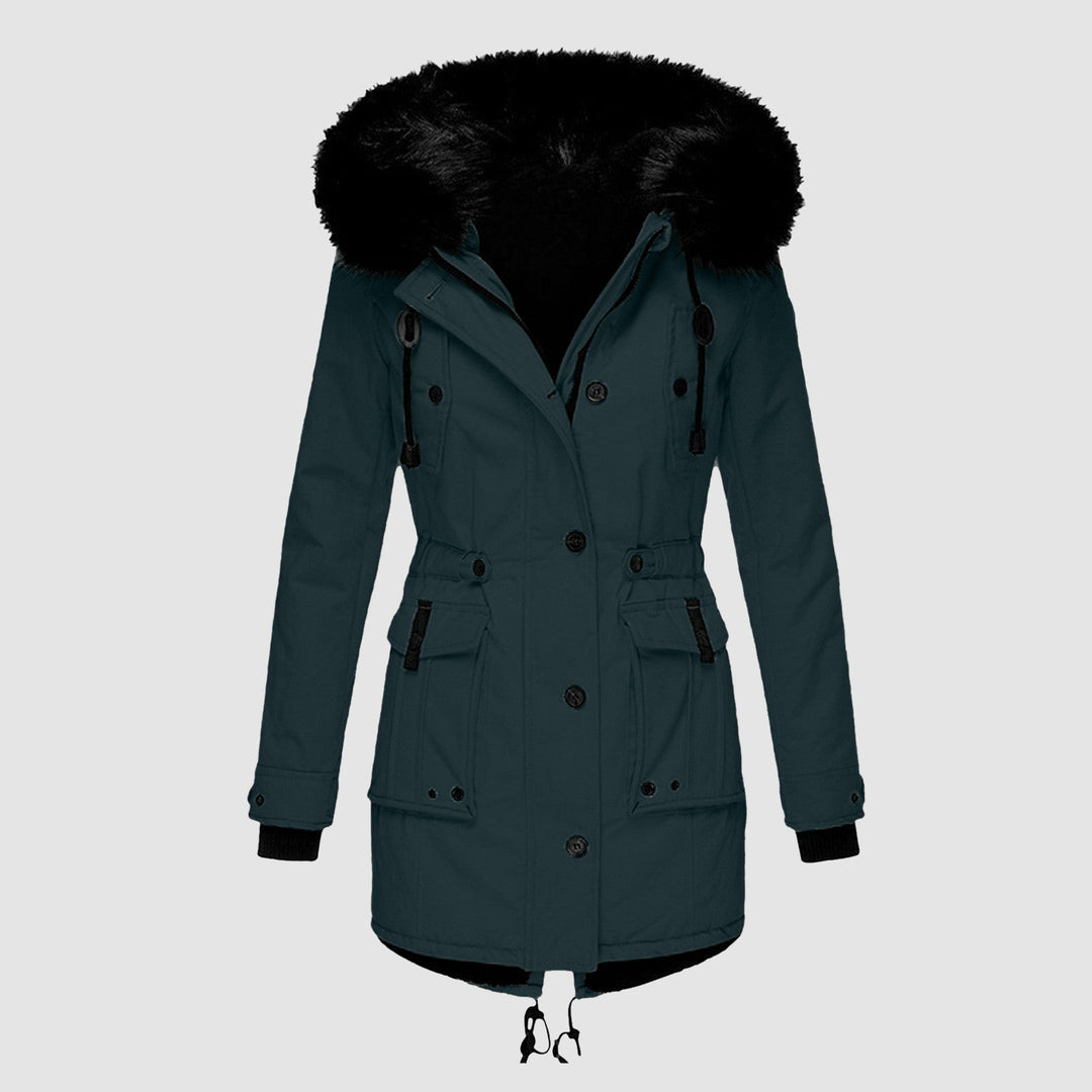 Women's parka with hood, buttons, and pockets
