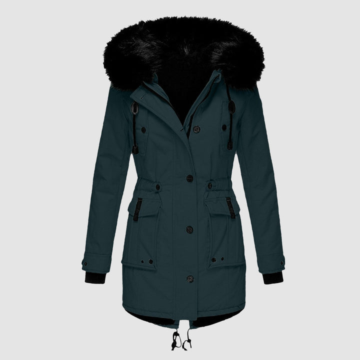 Women's parka with hood, buttons, and pockets