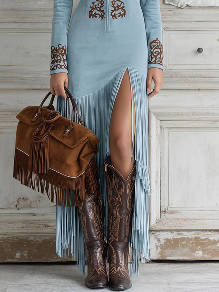 Ophelio Western Style Maxi Dress with Embroidered Faux Leather Fringe and Half-Zip
