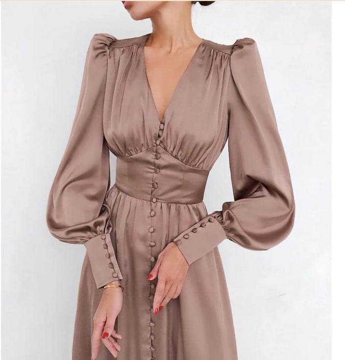 Arya | Women's V-Neck Button-Up Midi Dress