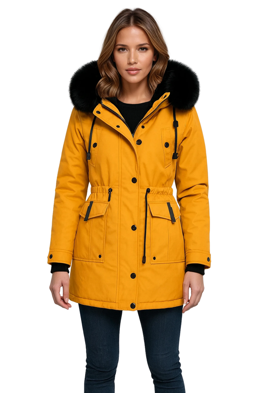 Women's winter parka with hood, pockets, and drawstring
