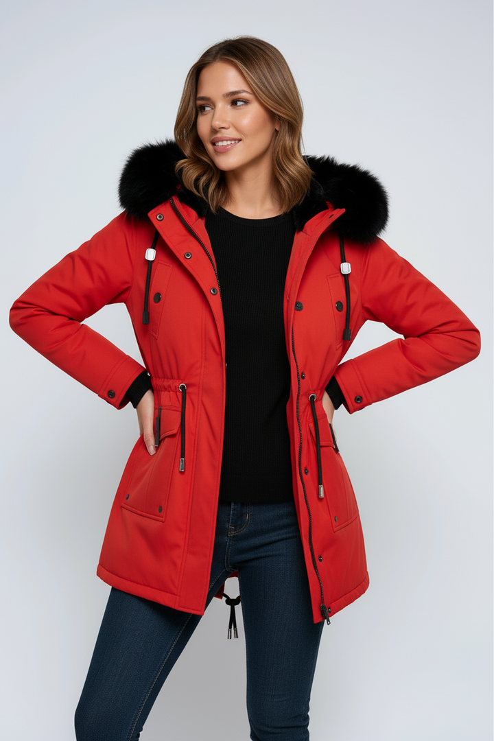 Women's winter parka with hood, pockets, and drawstring