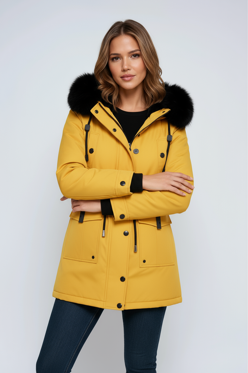 Women's winter parka with hood, pockets, and drawstring