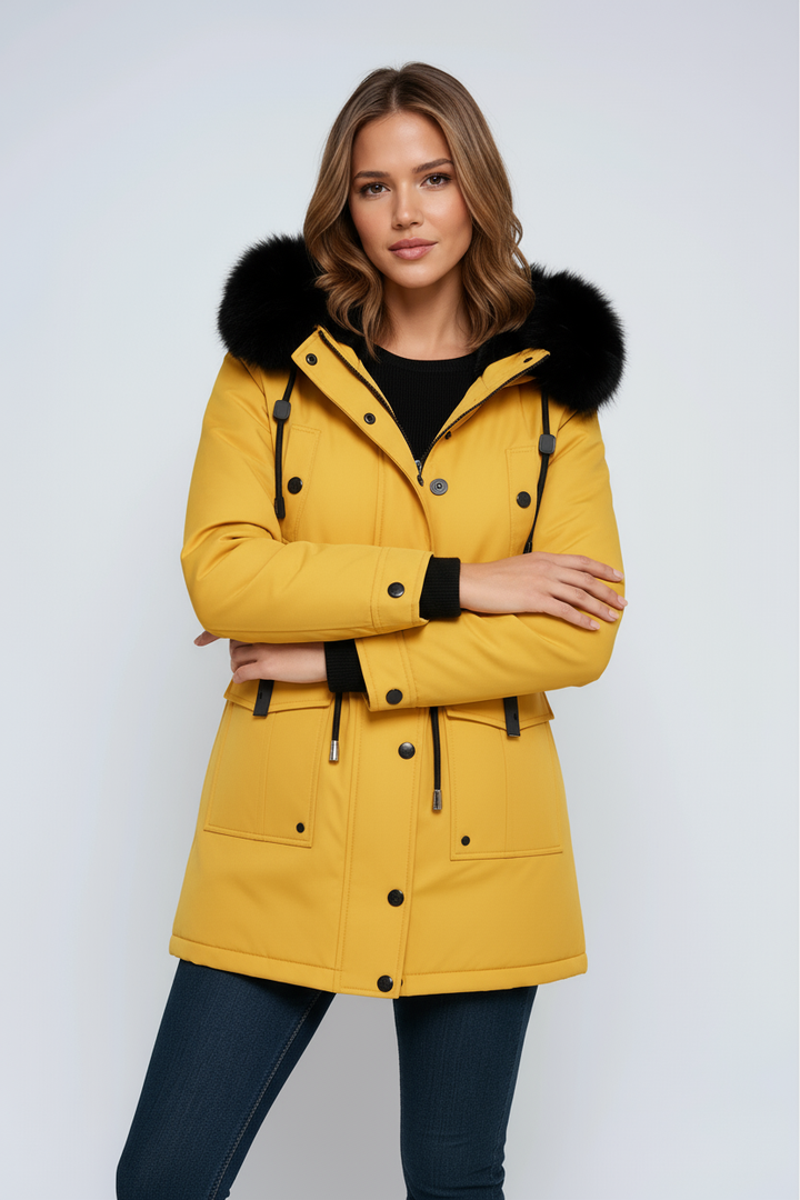 Women's winter parka with hood, pockets, and drawstring