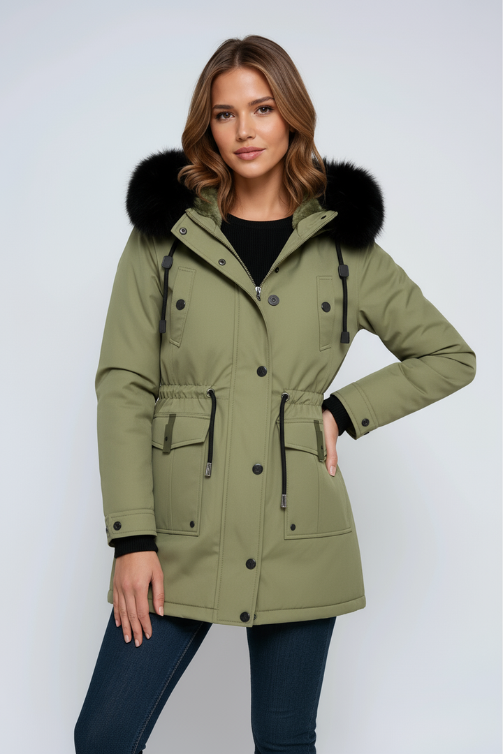 Women's winter parka with hood, pockets, and drawstring