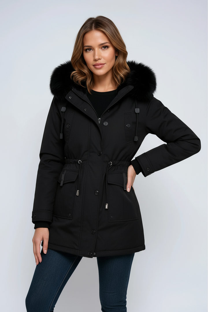 Women's winter parka with hood, pockets, and drawstring