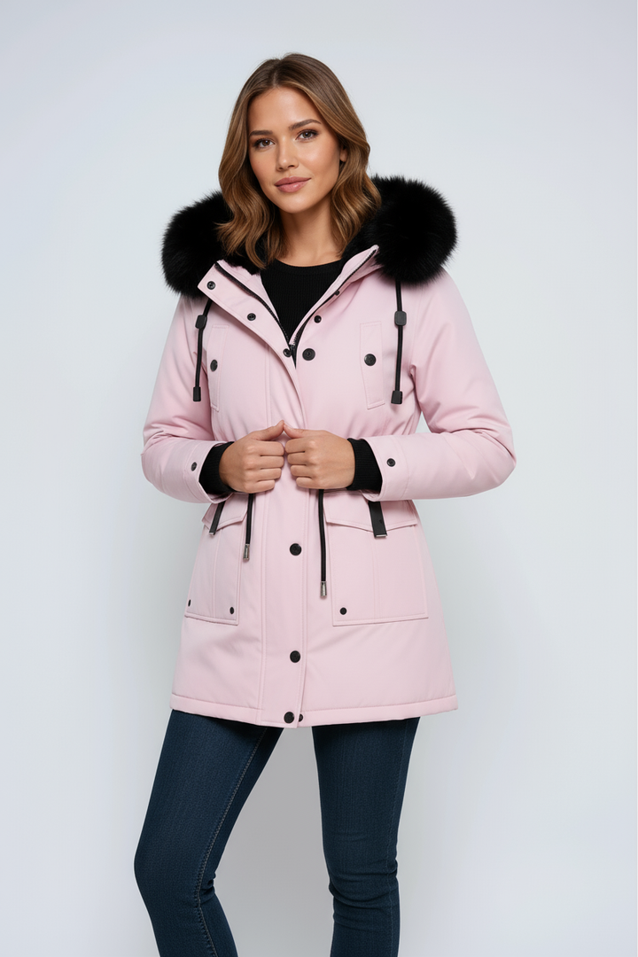Women's winter parka with hood, pockets, and drawstring