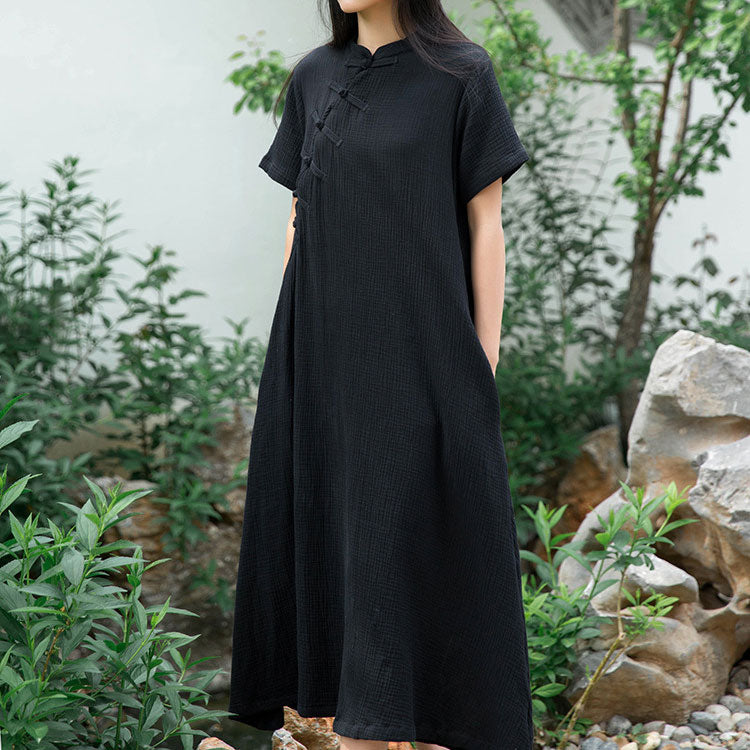 Damen Maxikleid mit Stehkragen und kurzen Ärmeln mit Knöpfen