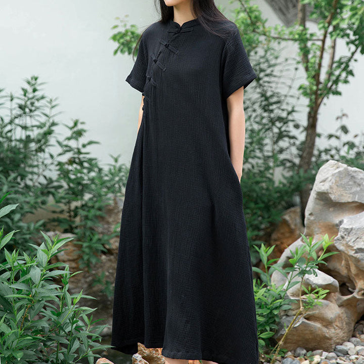 Damen Maxikleid mit Stehkragen und kurzen Ärmeln mit Knöpfen