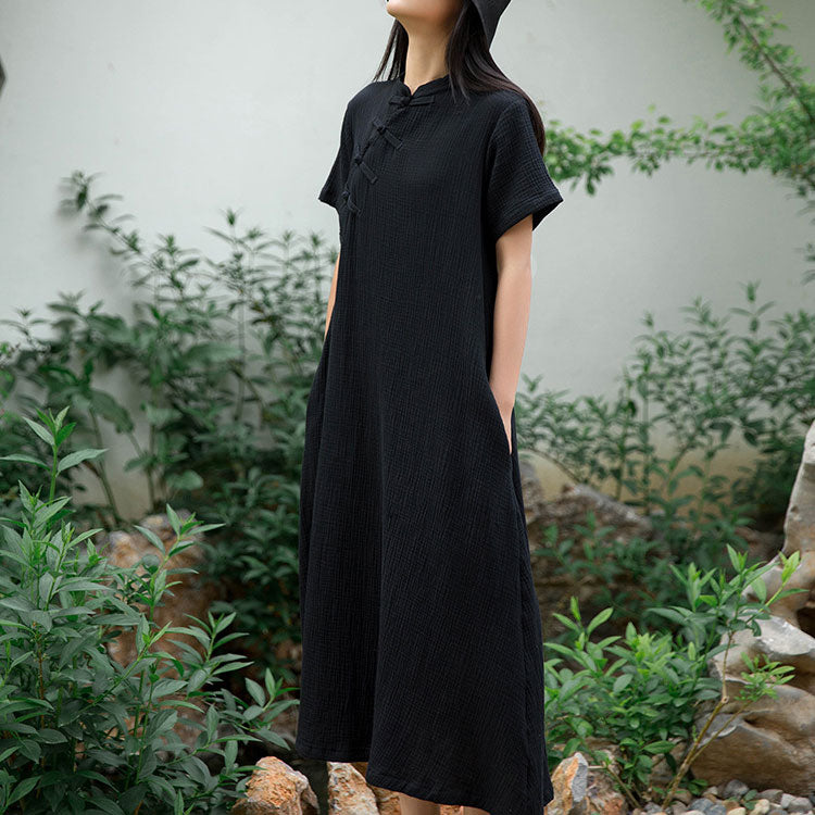 Damen Maxikleid mit Stehkragen und kurzen Ärmeln mit Knöpfen