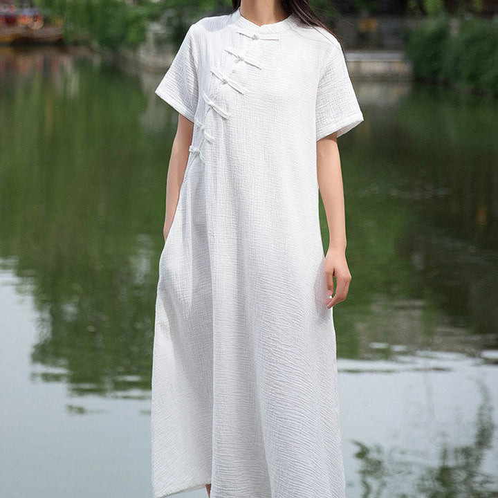 Damen Maxikleid mit Stehkragen und kurzen Ärmeln mit Knöpfen