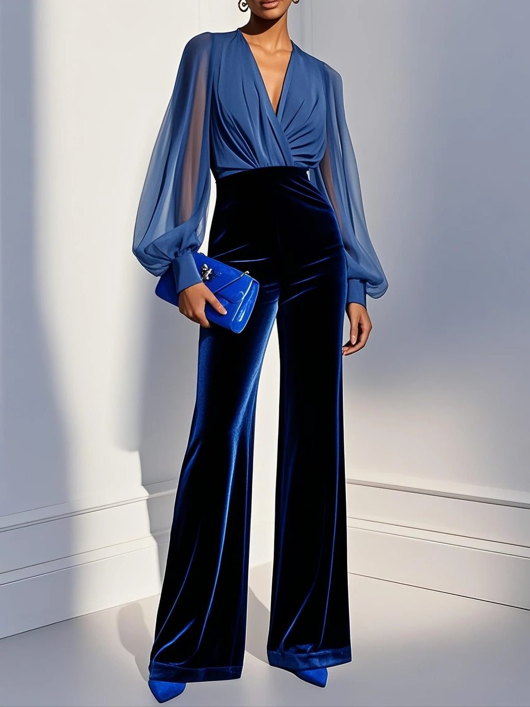 Velvet jumpsuit with long sleeves and blue mesh V-neck