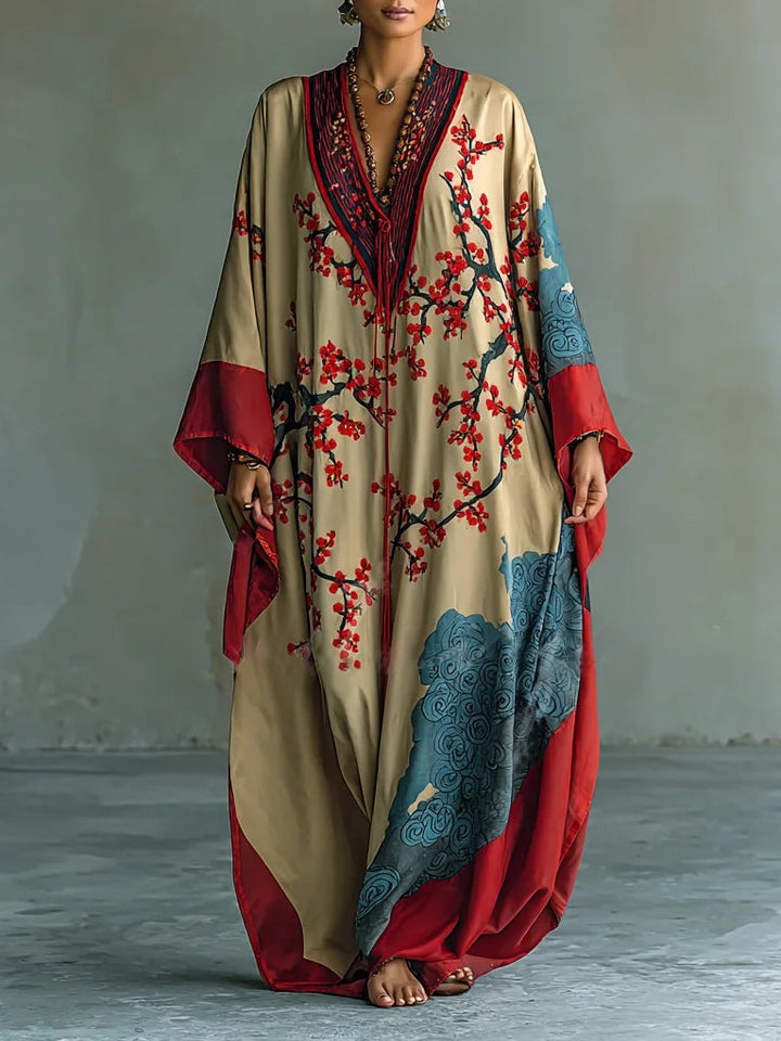 Maxi Dress with Batwing Sleeves and Japanese Red Plum Blossom Print