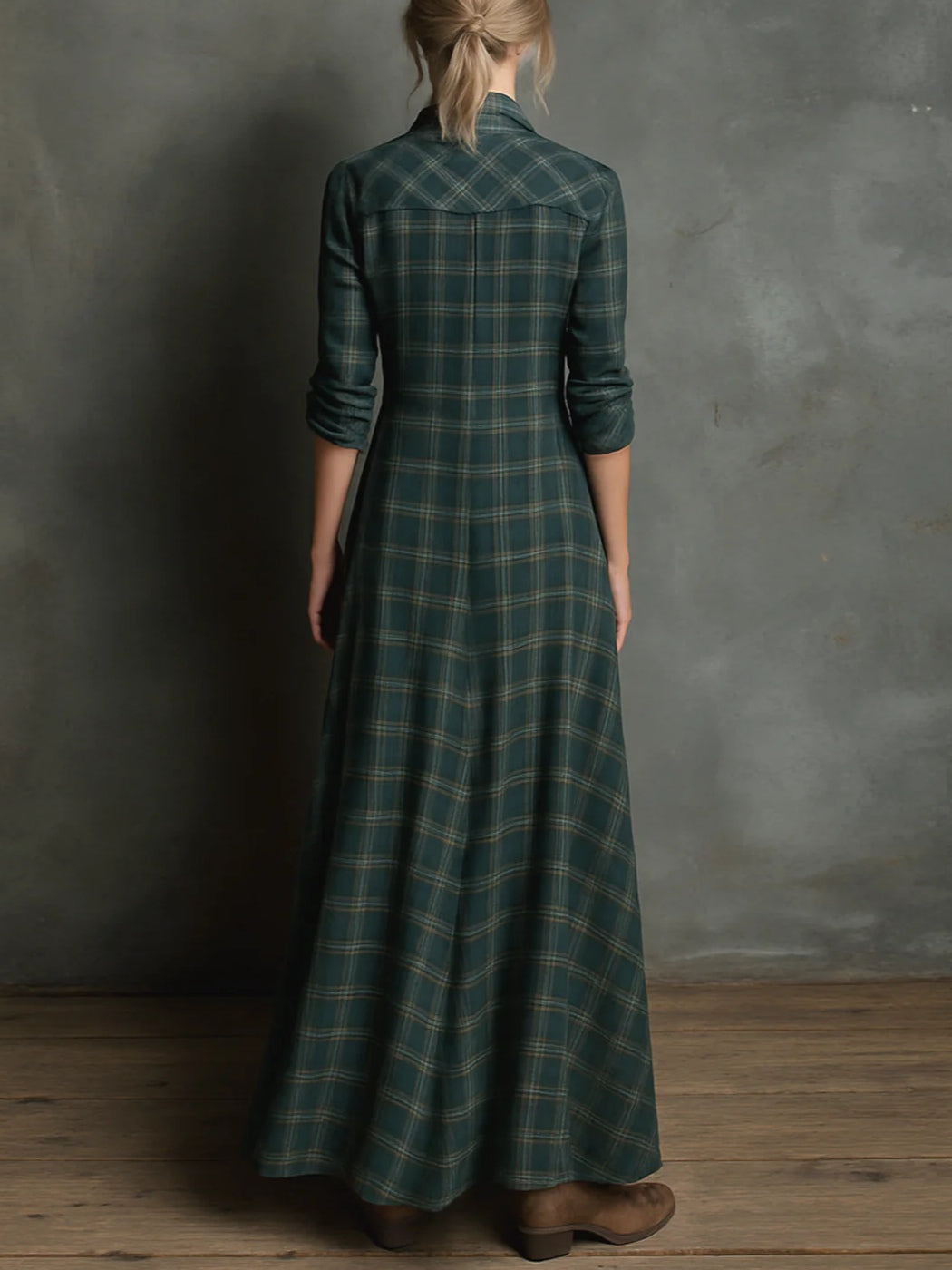 Valentina | Women's Long-Sleeve Plaid Maxi Dress with Buttons and Pockets