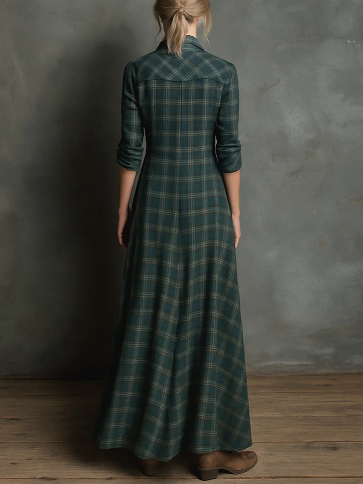 Valentina | Women's Long-Sleeve Plaid Maxi Dress with Buttons and Pockets