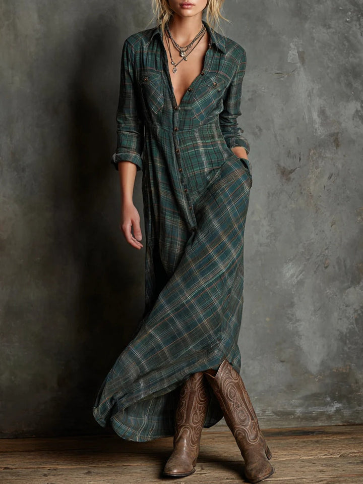 Valentina | Women's Long-Sleeve Plaid Maxi Dress with Buttons and Pockets