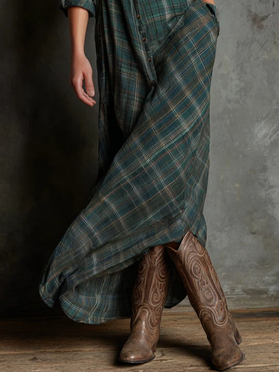 Valentina | Women's Long-Sleeve Plaid Maxi Dress with Buttons and Pockets