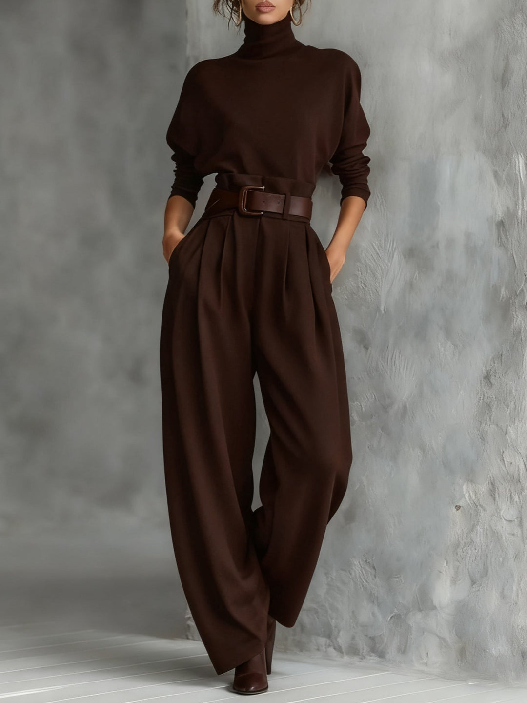 Black long-sleeved turtleneck top and straight-cut trousers with a belt