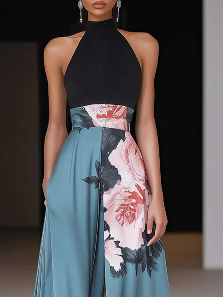 Martina | Damen Blumen Ärmelloses Maxikleid mit seitlichem Schlitz