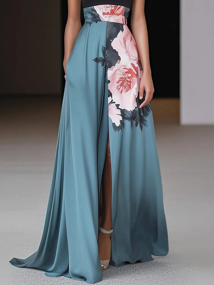 Martina | Damen Blumen Ärmelloses Maxikleid mit seitlichem Schlitz