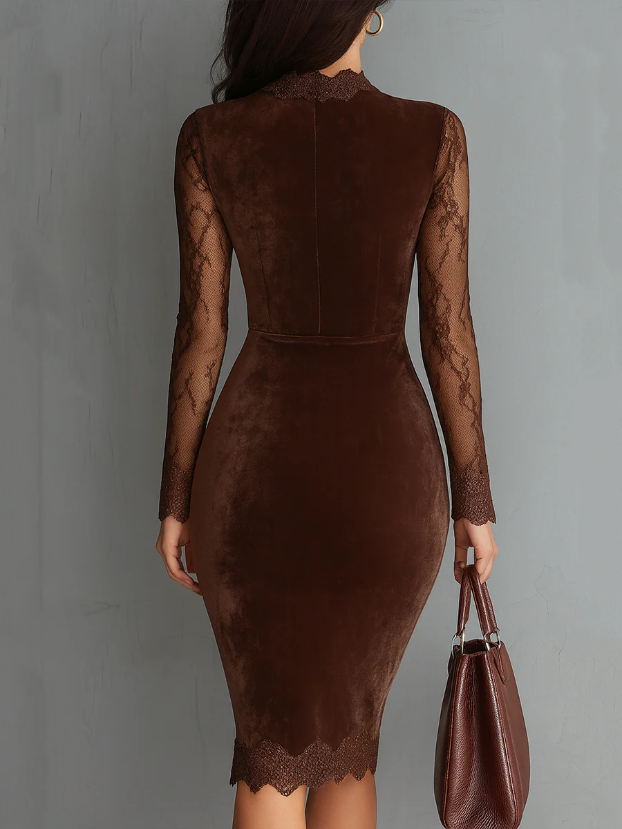 Brown Vintage Velour Mini Dress with Keyhole Cutout and Lace Sleeves