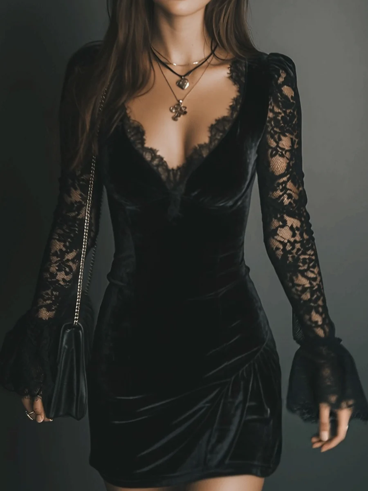 Orinthia - Velvet Mini Dress with Lace Trim