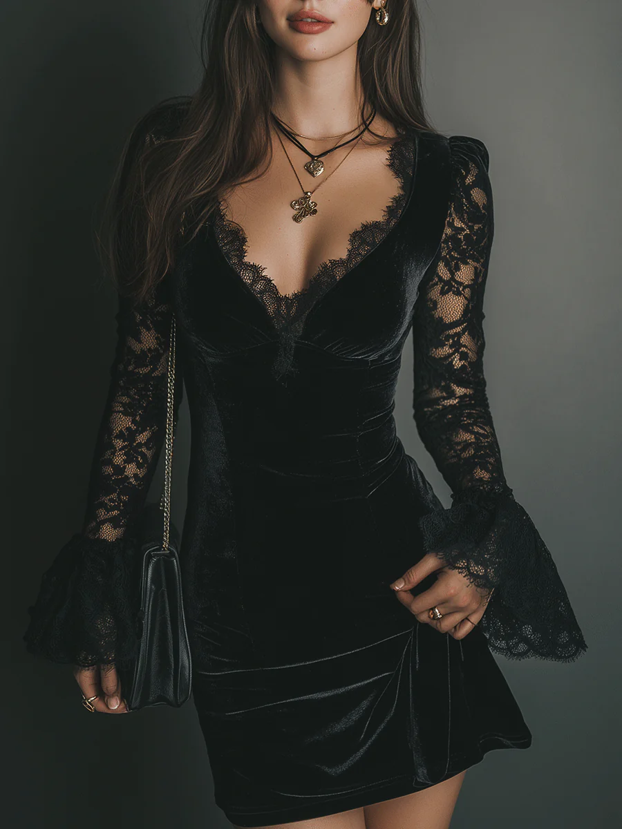 Orinthia - Velvet Mini Dress with Lace Trim