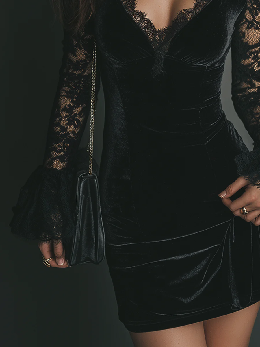 Orinthia - Velvet Mini Dress with Lace Trim