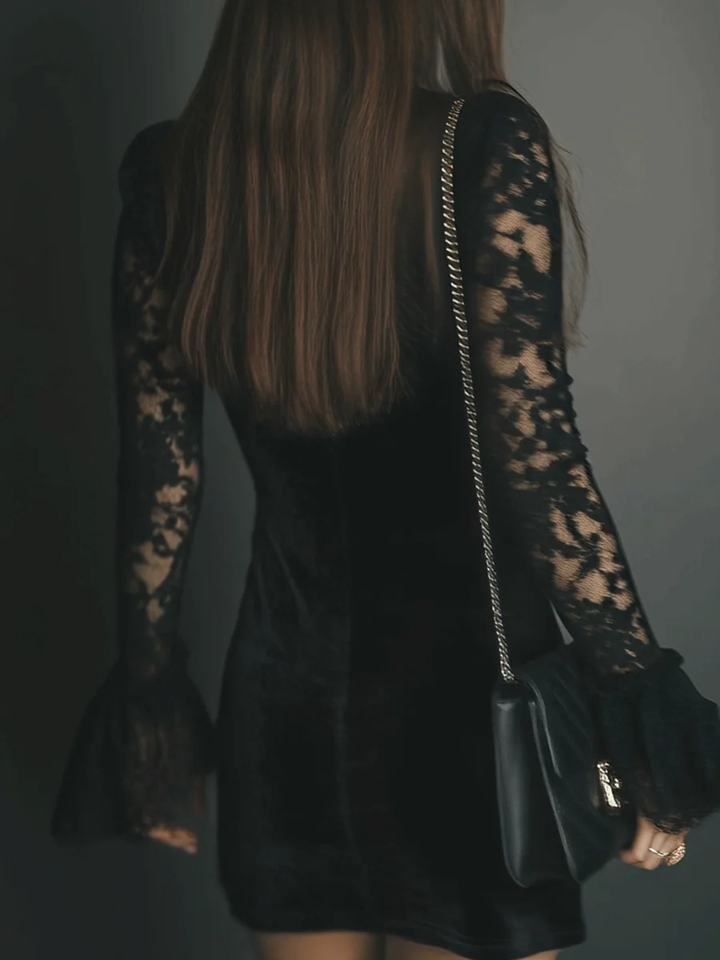 Orinthia - Velvet Mini Dress with Lace Trim