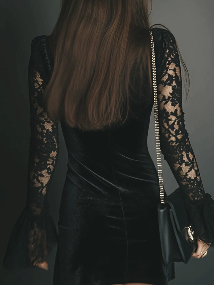 Orinthia - Velvet Mini Dress with Lace Trim