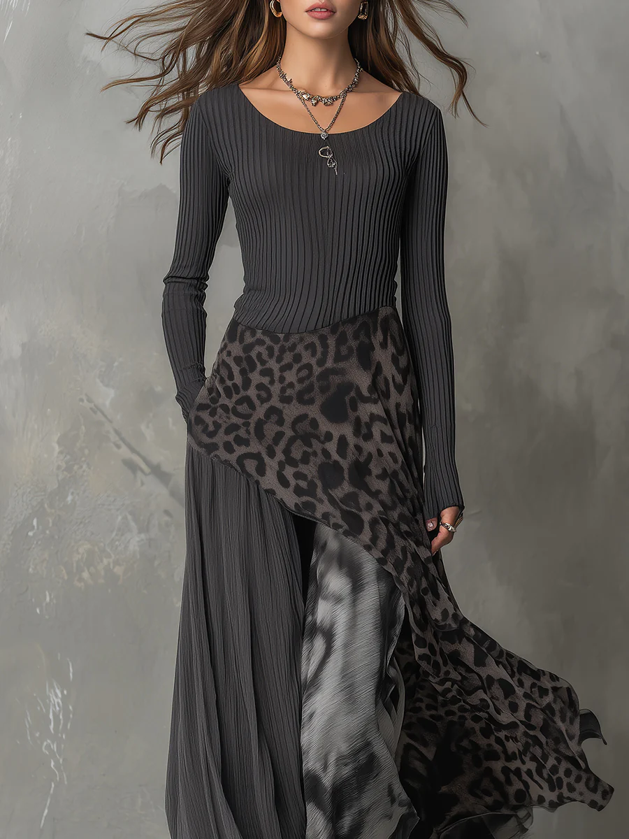 Maxi dress with gray stripes and leopard print, irregular hem