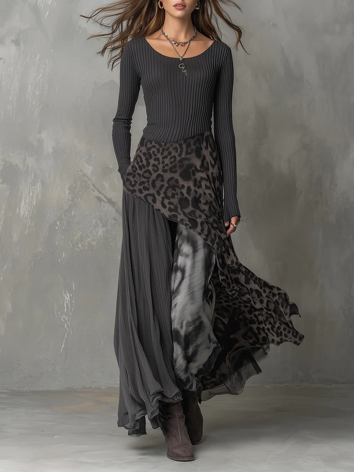 Maxi dress with gray stripes and leopard print, irregular hem