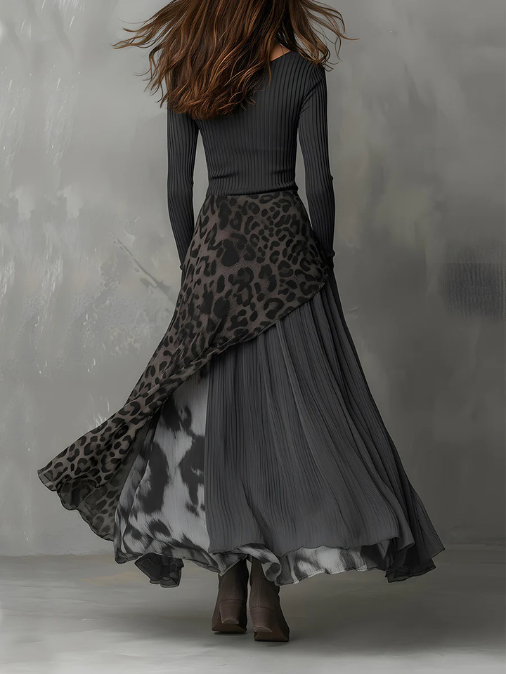 Maxi dress with gray stripes and leopard print, irregular hem