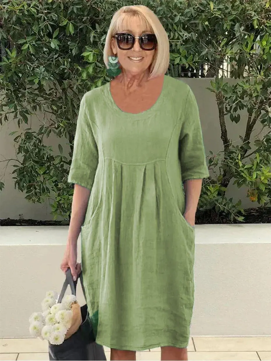 Lena™ - Relaxed Pleated Dress with Pockets