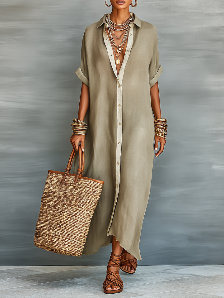 Women's Minimalist Short Sleeve Shirt Maxi Dress