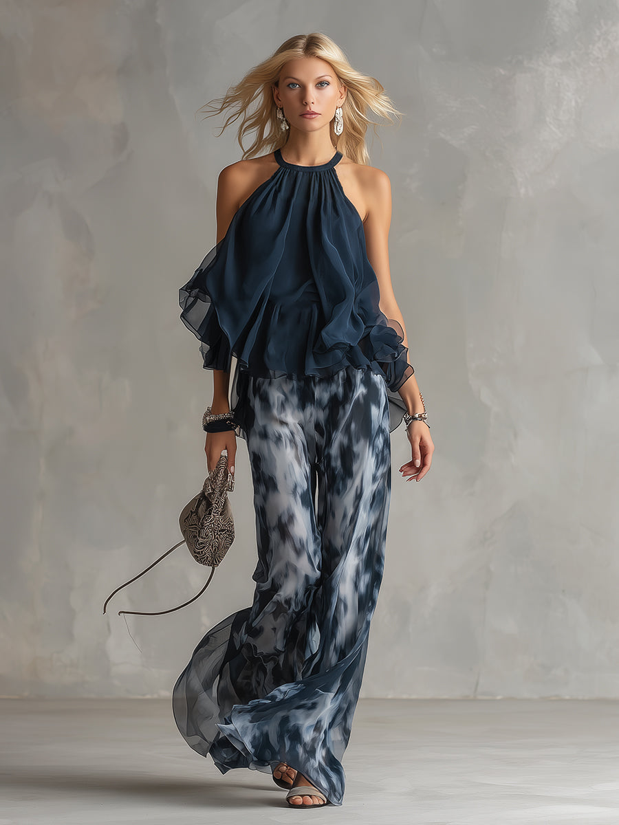 Ludovica – Chic ensemble with high-neck blouse shirt and flowing printed trousers