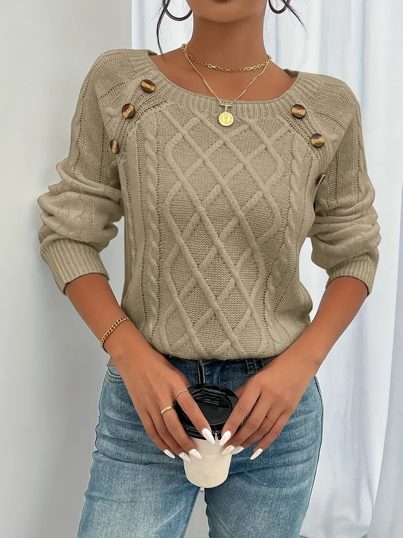 Lina - Cable Knit Long Sleeve Sweater, Casual Round Neck Pullover