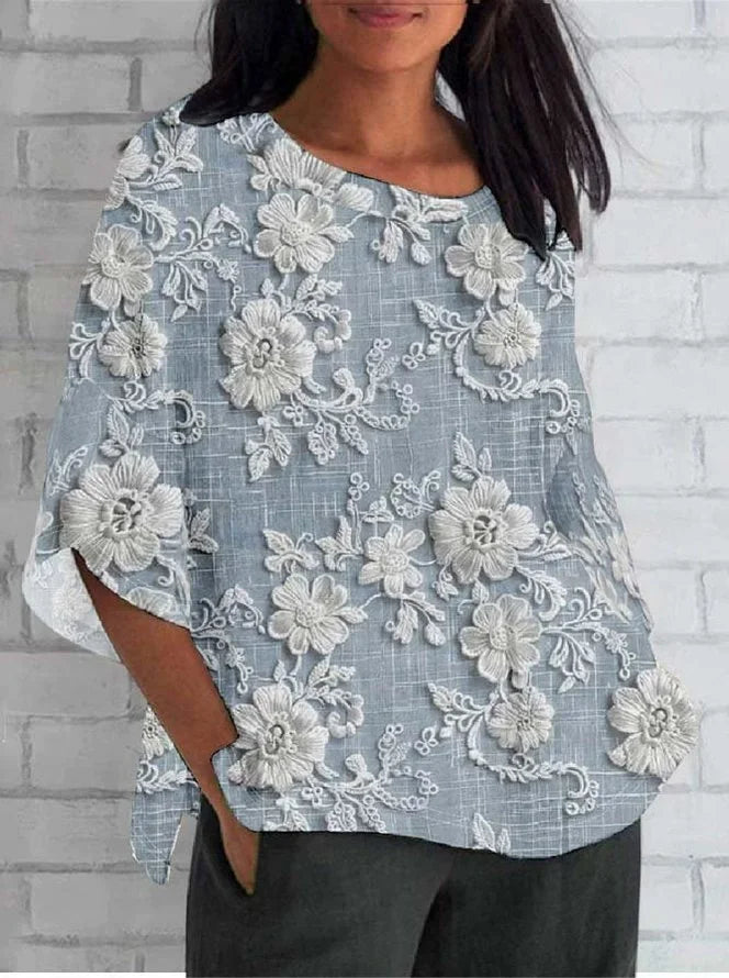 Larissa™ - Vintage Linen and Lace Blouse with Floral Pattern