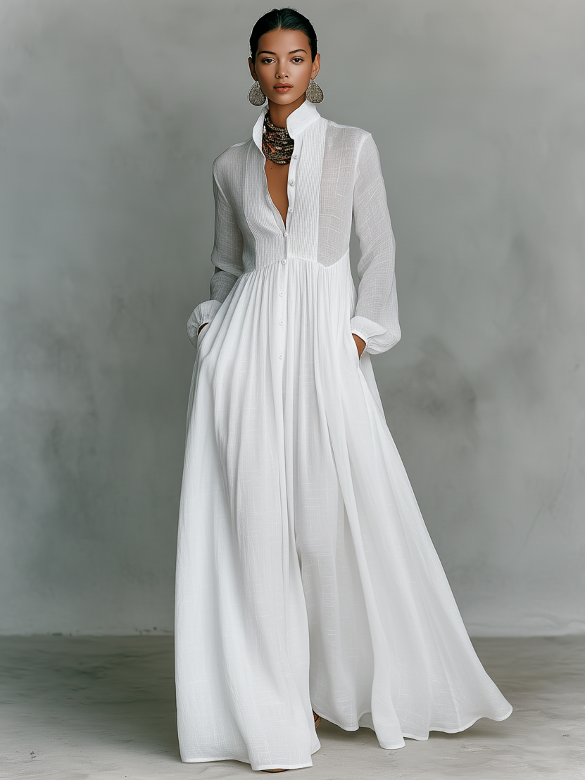 Women's Minimalist Patchwork Maxi Dress with Stand Collar and Long Sleeves, Single-Breasted.