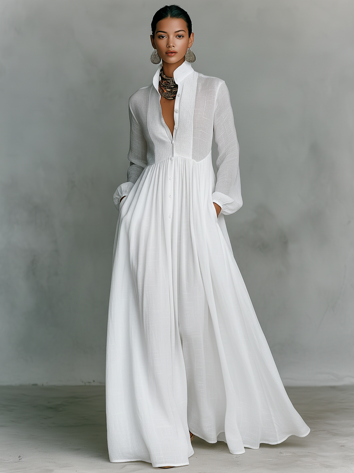Women's Minimalist Patchwork Maxi Dress with Stand Collar and Long Sleeves, Single-Breasted.