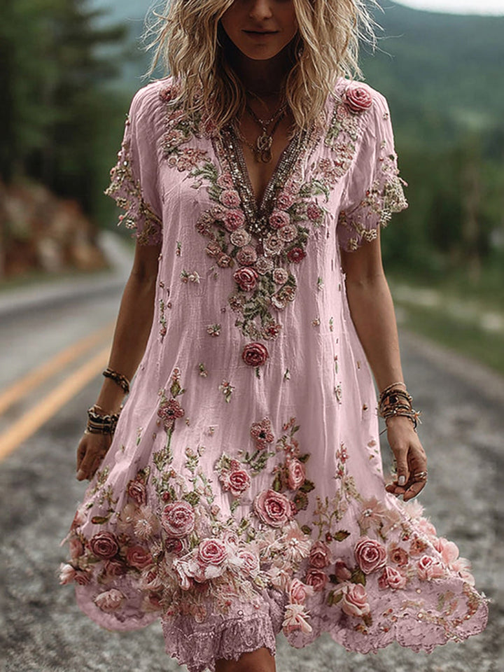 Ruby - Blossom Embroidered V-Neck Dress