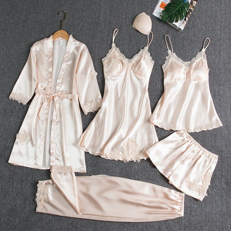 Elegant Women's Ice Silk Nightgown Set - 5 Pieces