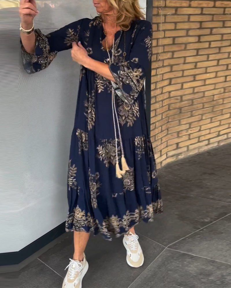 Rose™ – Vintage Loose V-Neck Midi Dress