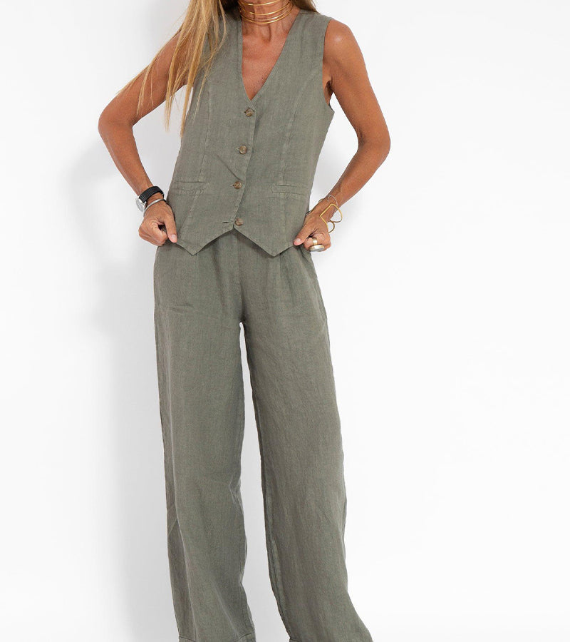 Aira - Buttoned Vest & Wide Leg Trousers Set