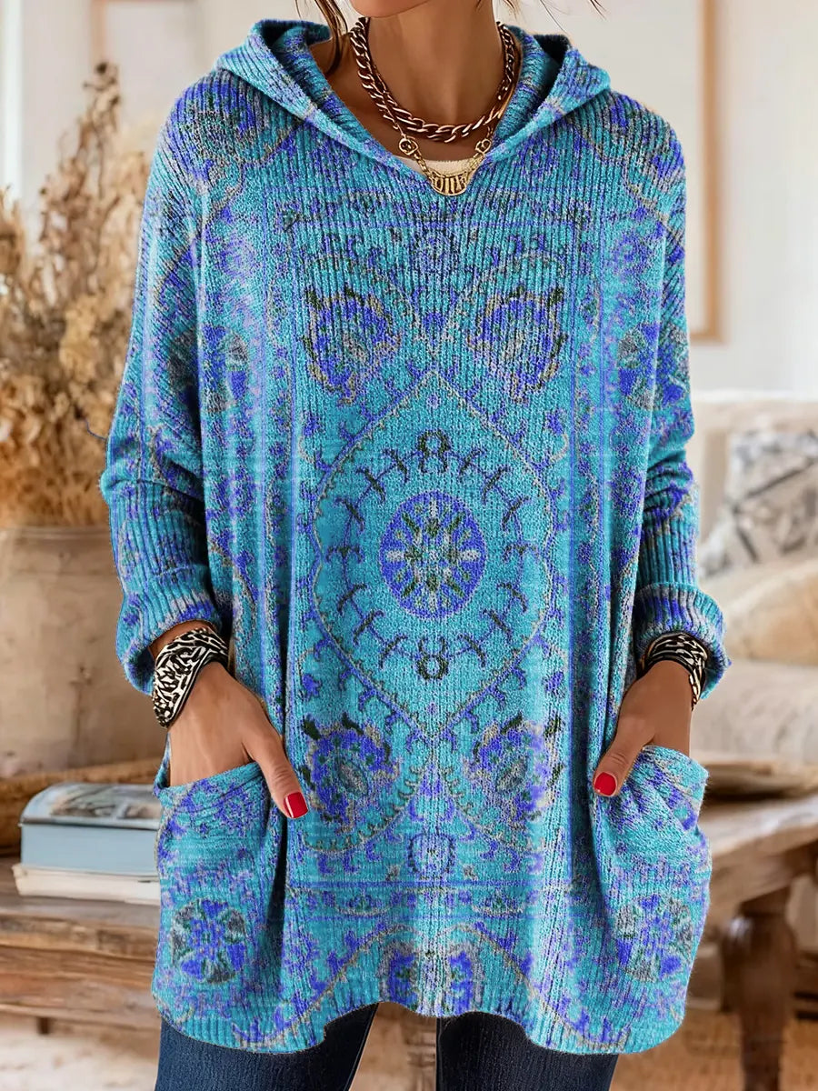 Vintage-Inspired Hooded Knit Tunic with Pockets and Ethnic Print