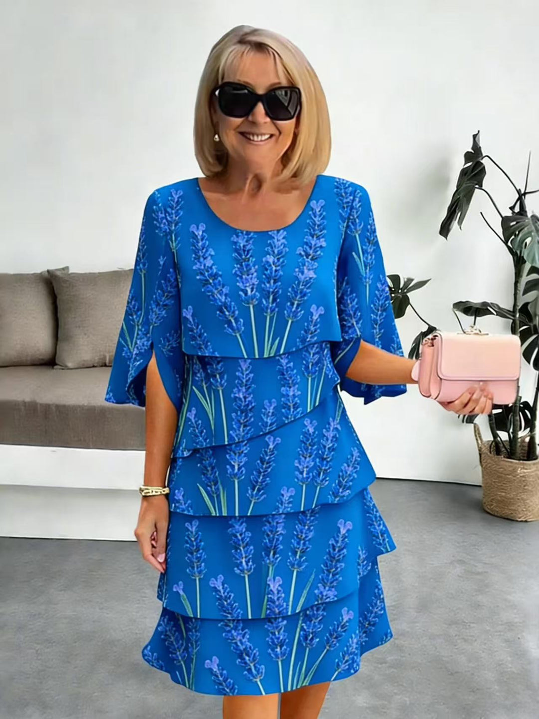 Elyvane™ - Women's Floral Ruffle Dress with Midi Length and Slit Sleeves